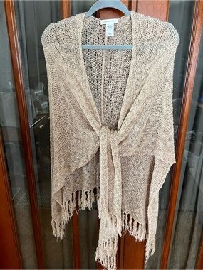 Coldwater Creek Beige Open-Knit Tie-Front Shawl Poncho with Fringe